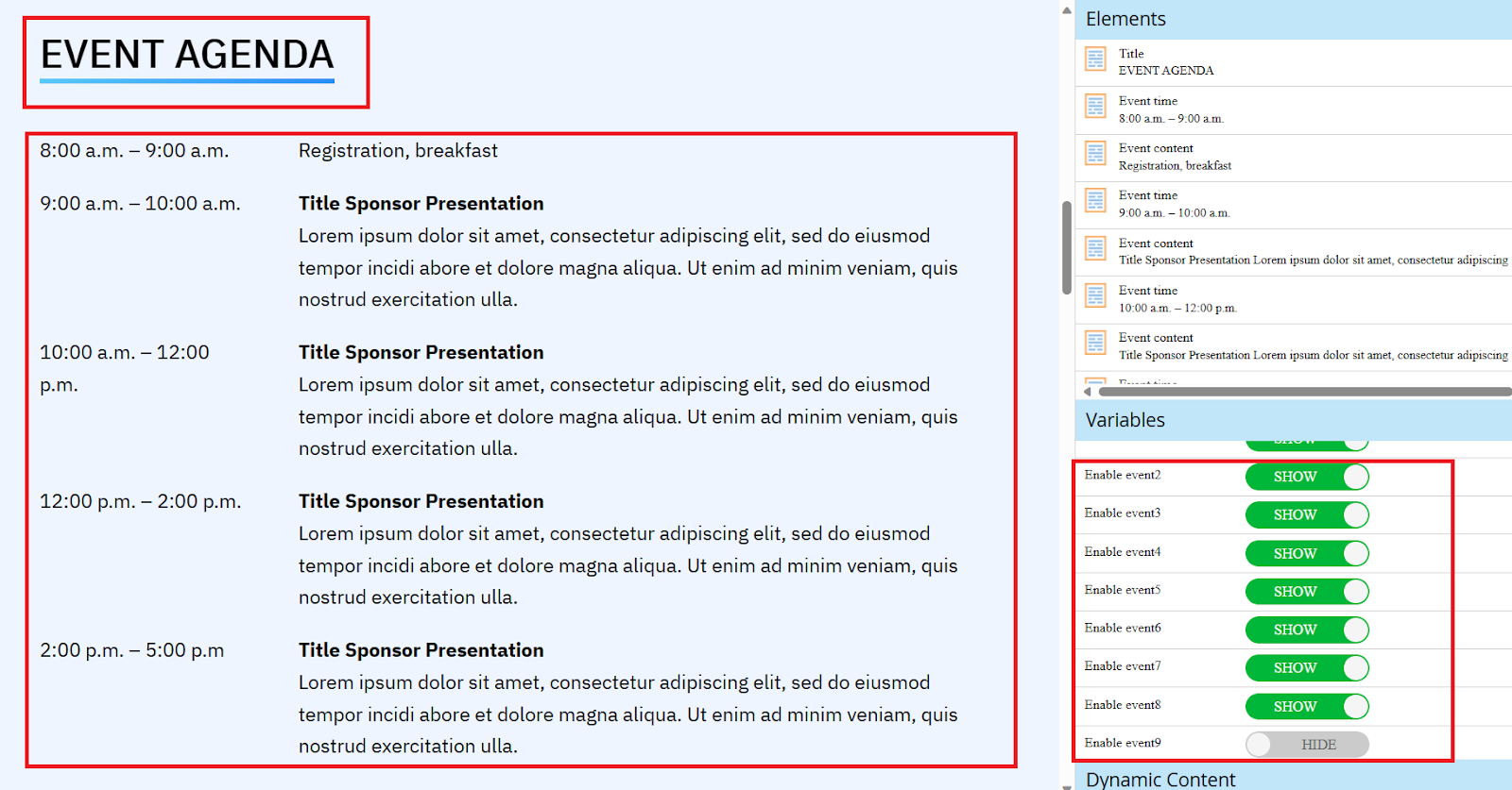 Customization functionality to title, content, and show or Hide sections of this ‘Event Agenda’ custom module.
